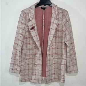 Messini Pink White Gold Soft Tweed Plaid Blazer with Personally Added Brooch